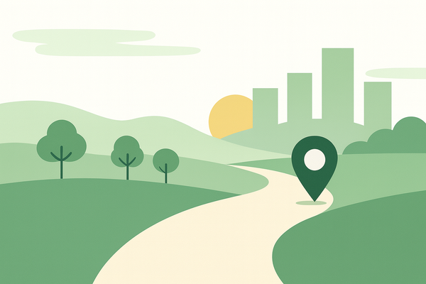 Illustration of hills, trees and a location pin